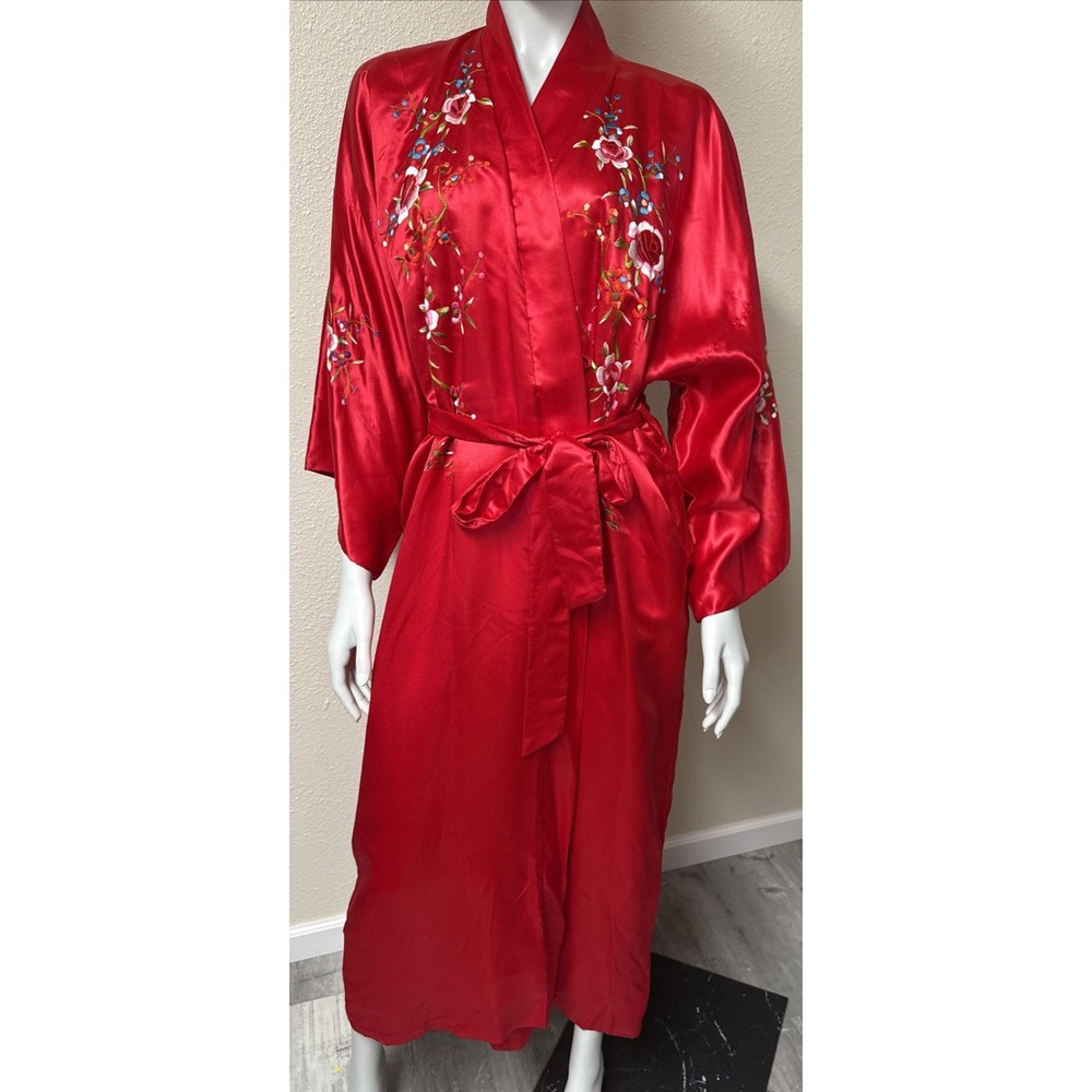 Vtg Chinese Silk Kimono Robe Red Hand Embroidered Floral One Size Plum Blossoms